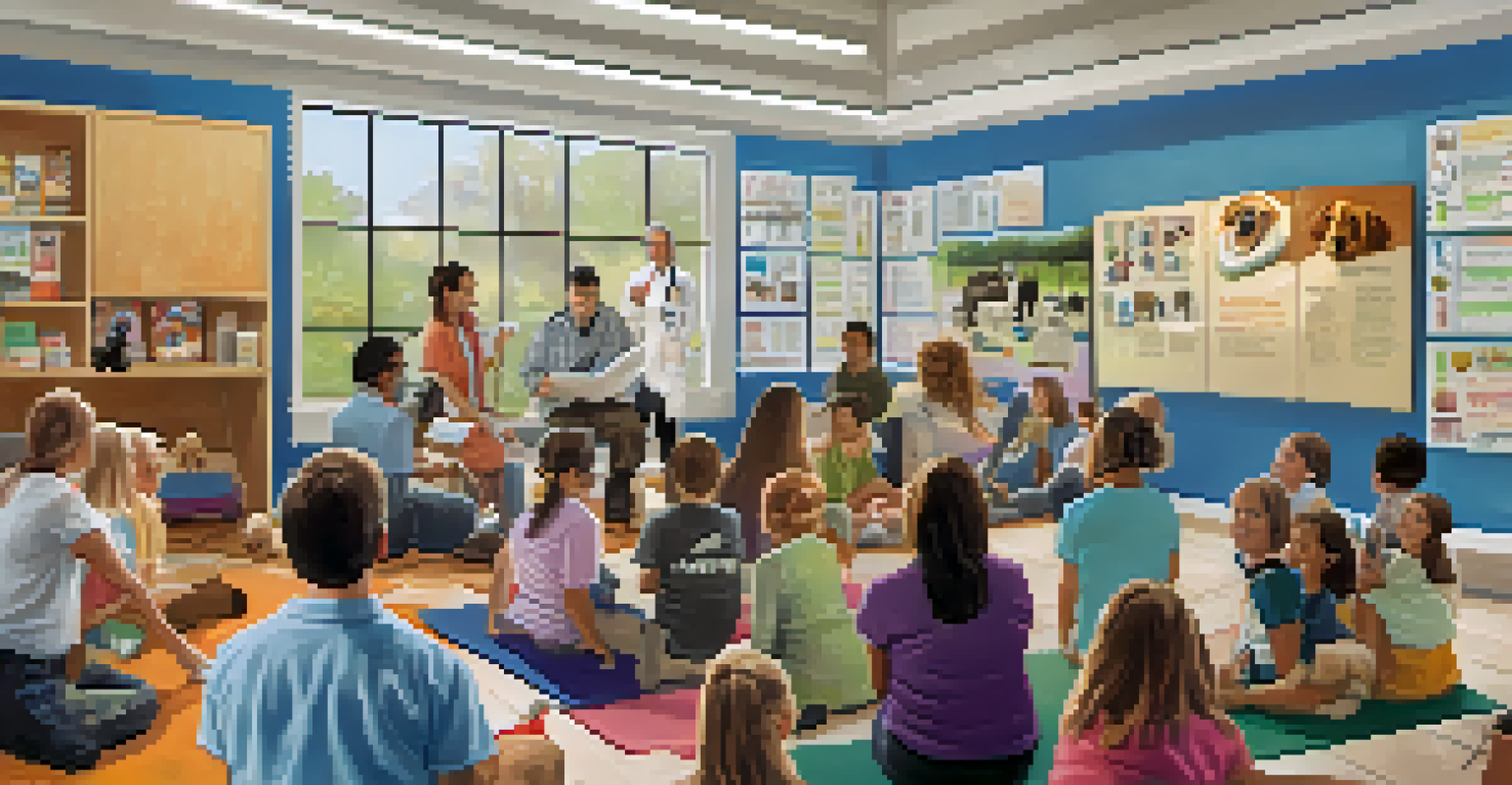 A workshop on pet care with a veterinarian demonstrating dog training to an attentive audience.