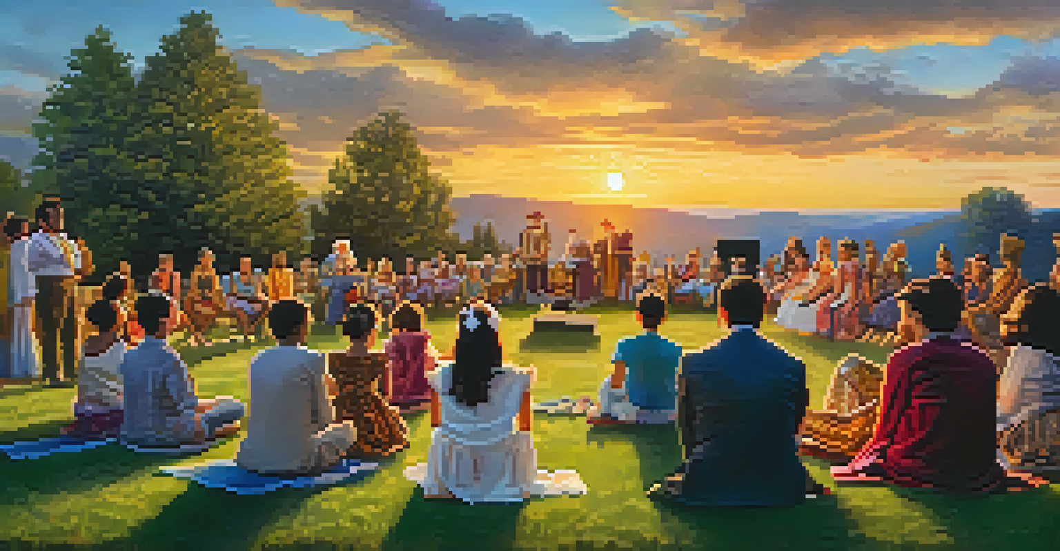 An outdoor theater performance at sunset with an engaged audience enjoying the show.