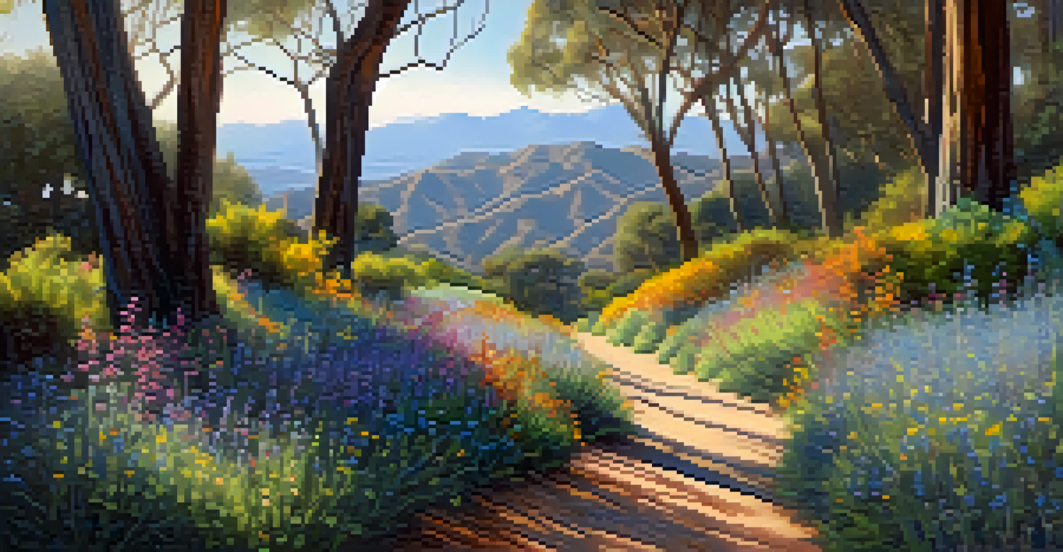 A serene hiking trail lined with tall eucalyptus trees and wildflowers, leading towards the Santa Barbara mountains with hikers in the distance.