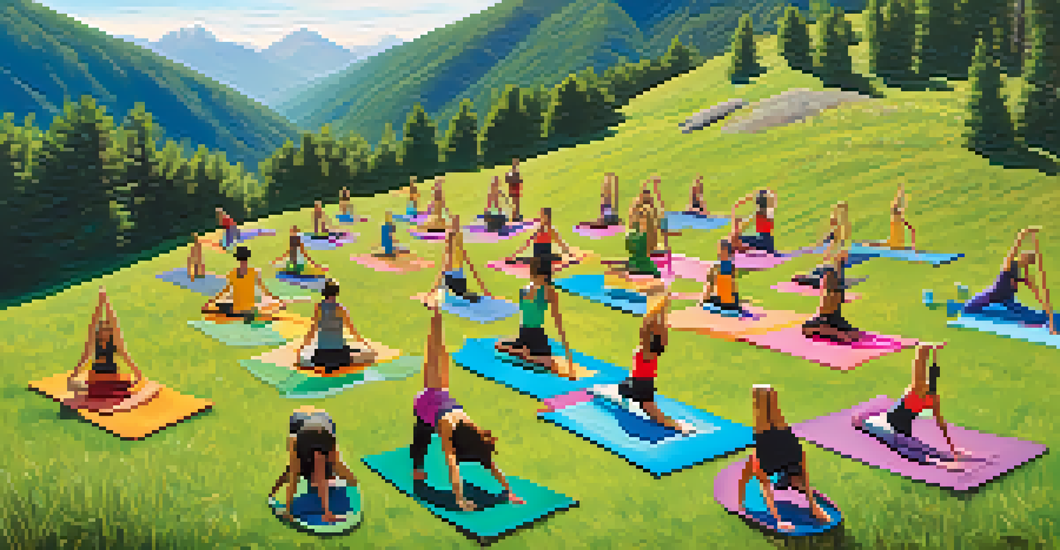 An aerial view of a group practicing yoga in a mountain meadow, surrounded by lush greenery and a clear blue sky.