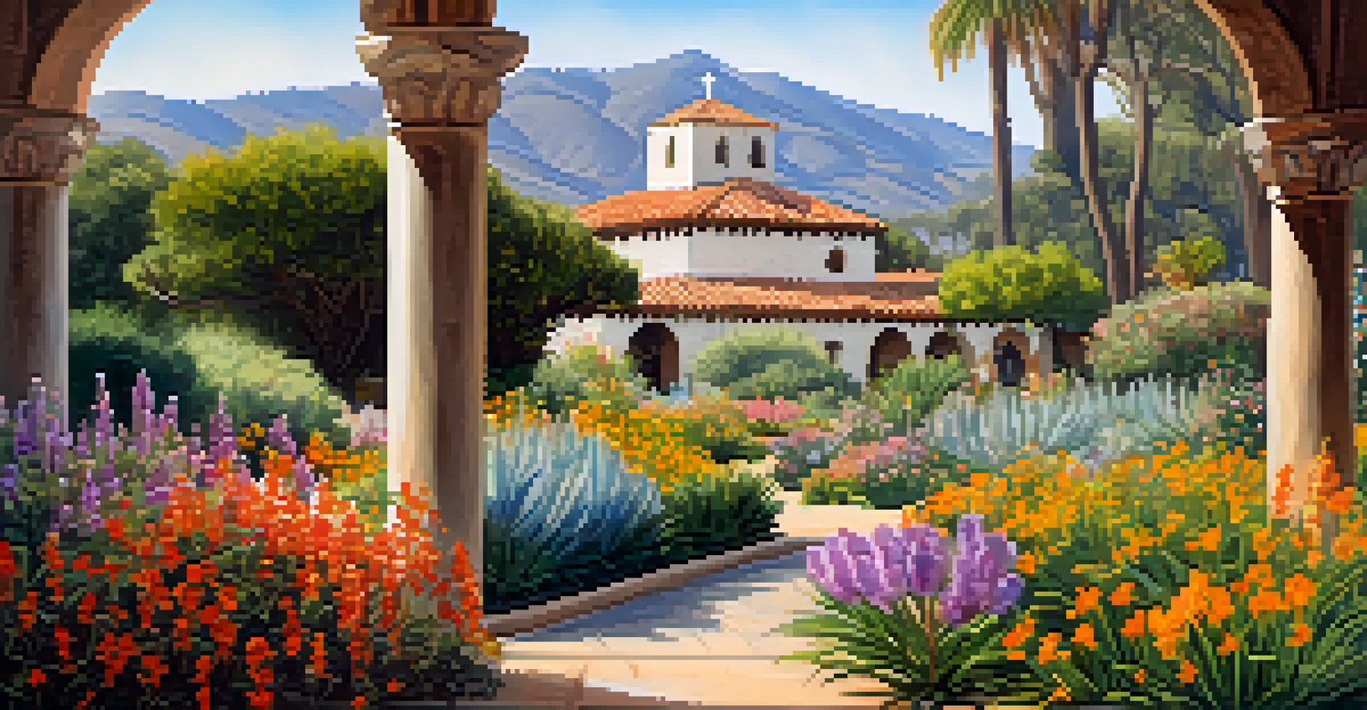 A close-up view of the vibrant gardens at Mission Santa Barbara filled with blooming native plants and flowers.
