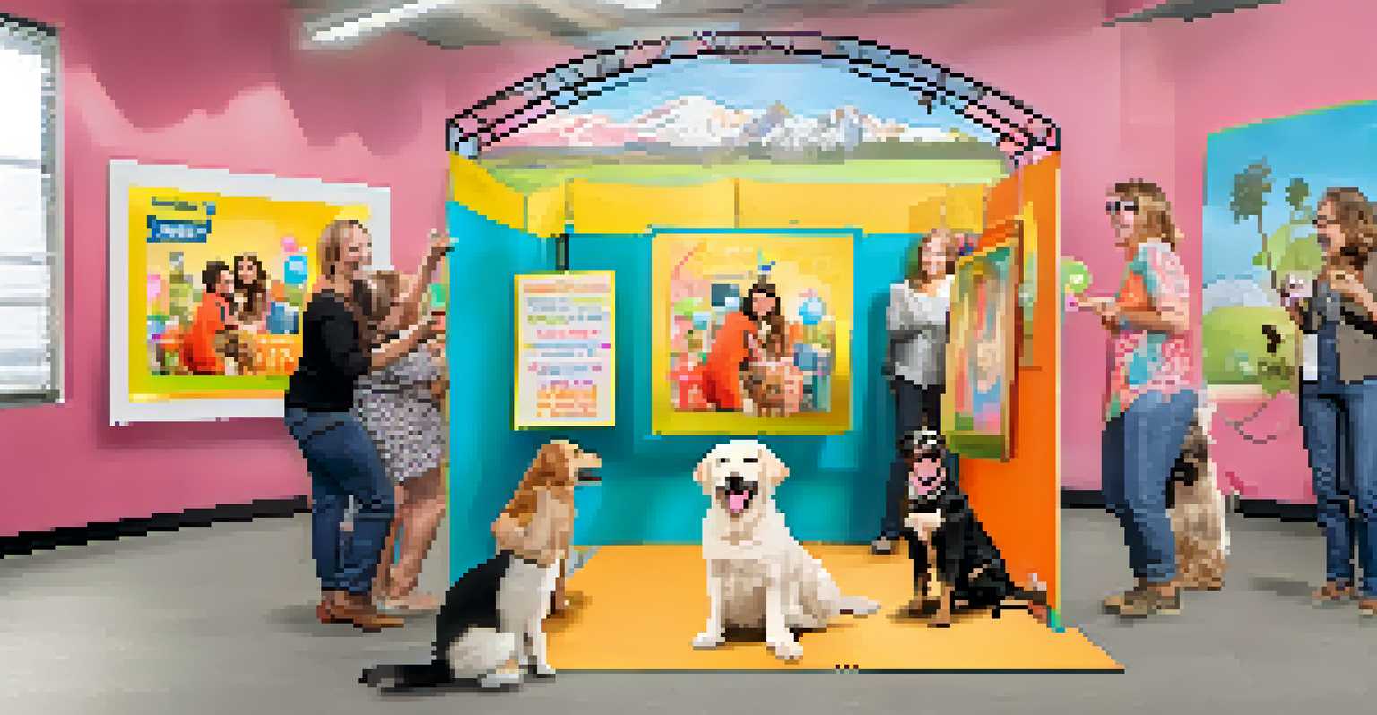A pet photo booth at a pet adoption event, where families are taking pictures with animals against a colorful backdrop.