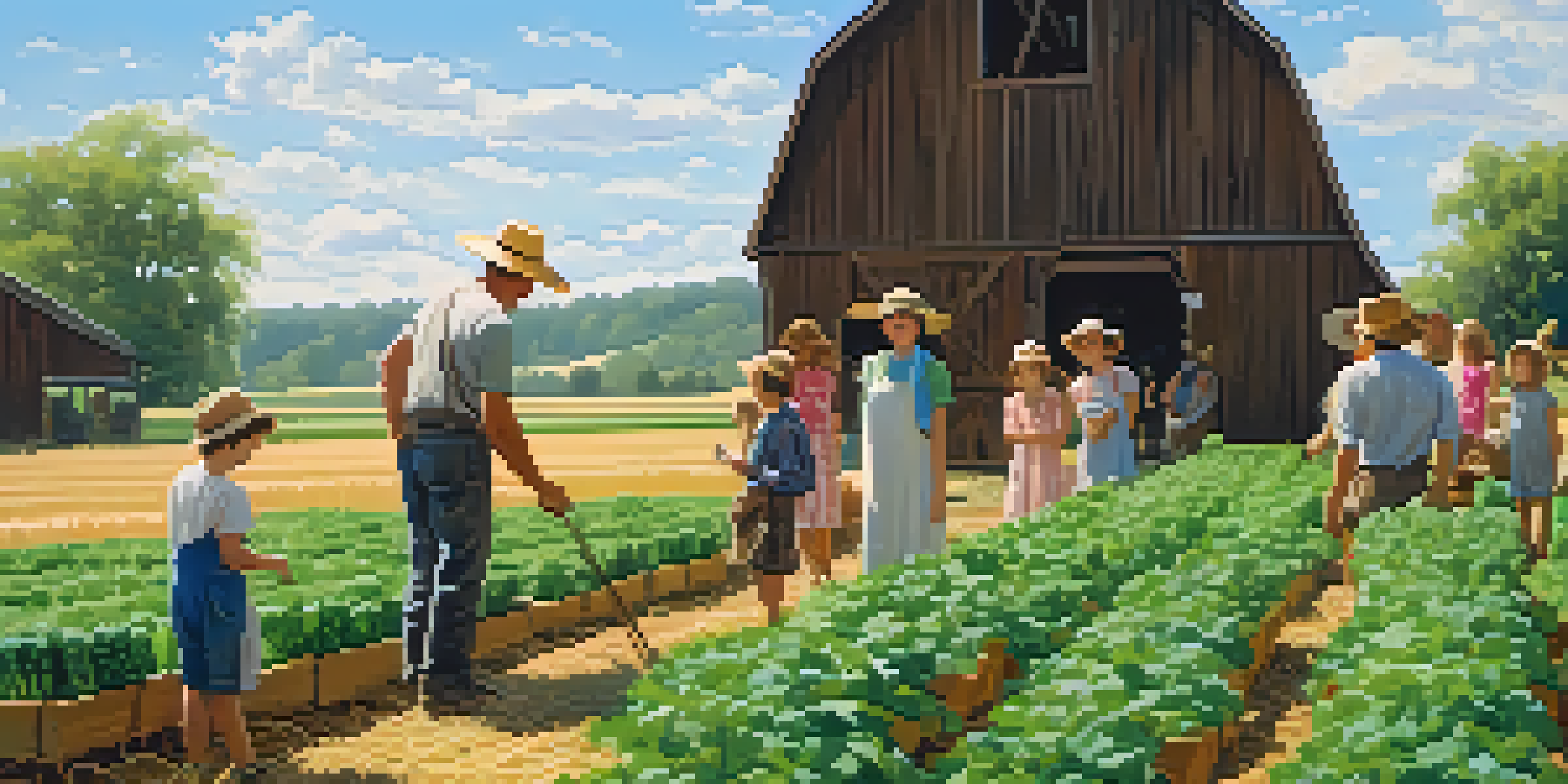 A farmer teaching children about organic vegetables in a colorful local farm setting with crops, a barn, and chickens.