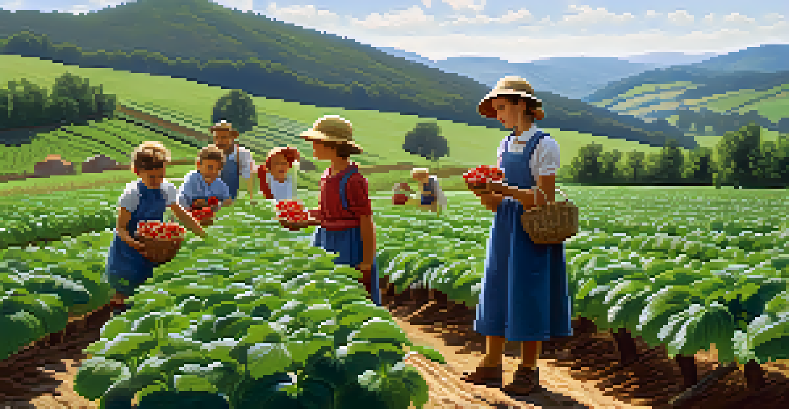 Children picking strawberries with a farmer in a sunny field, surrounded by strawberry plants and green hills.