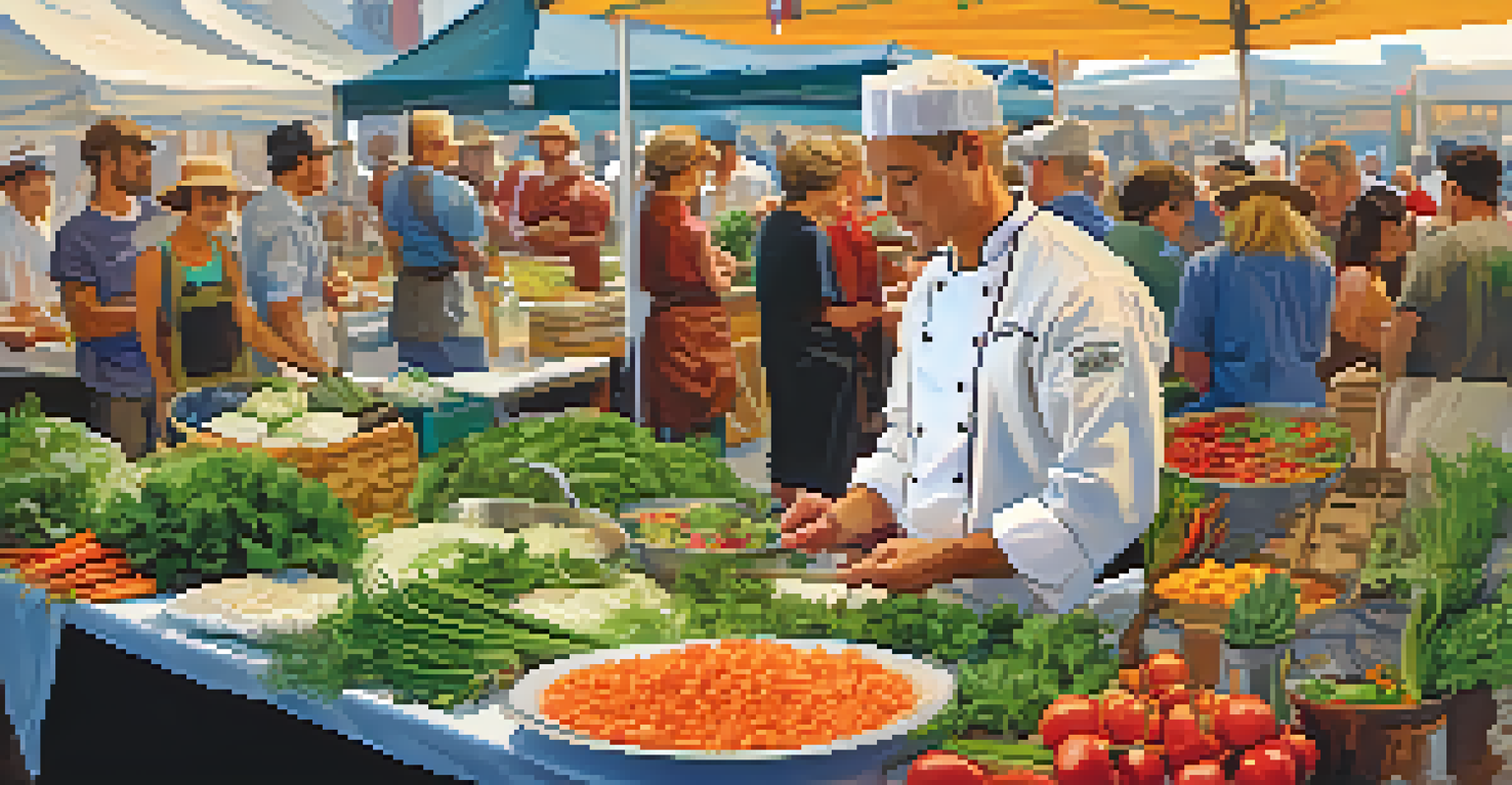 A chef demonstrating cooking techniques at a farmers' market, surrounded by fresh ingredients and an interested audience.