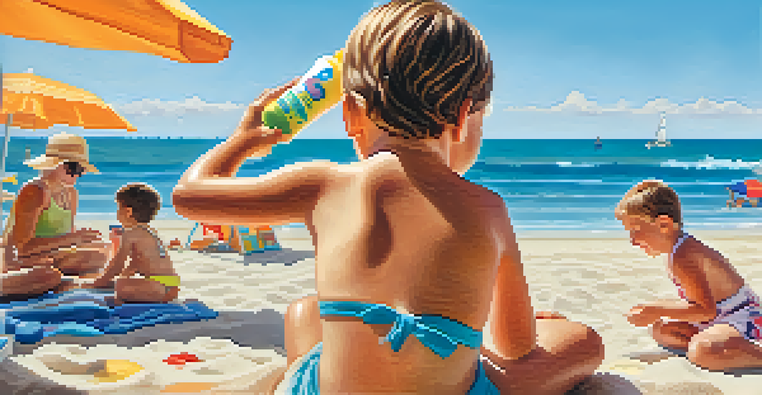 A close-up of a child having sunscreen applied on their back at the beach, with a colorful sunscreen bottle and a sunny beach scene in the background.