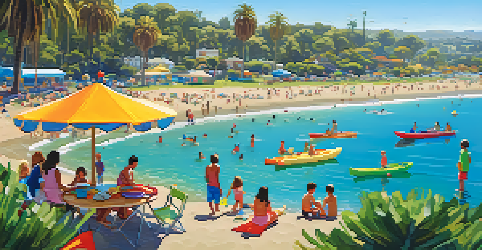 An aerial view of Goleta Beach Park with families picnicking, children playing in the water, and a playground visible.