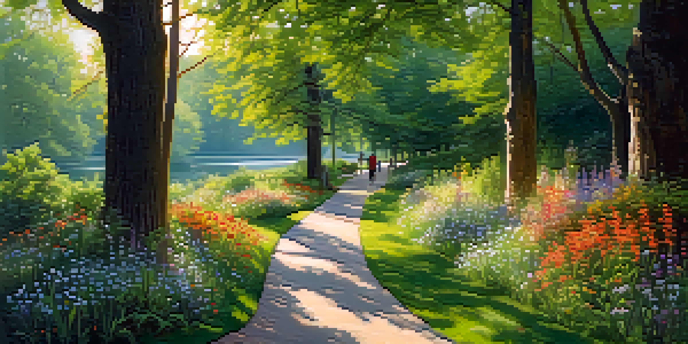 A couple walking on a winding path in a lush park filled with tall trees and wildflowers, with sunlight filtering through the leaves.