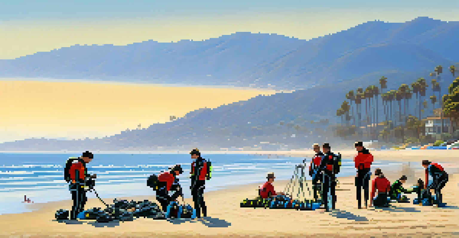 A group of divers preparing their scuba gear on a beach in Santa Barbara, with the ocean in the background.