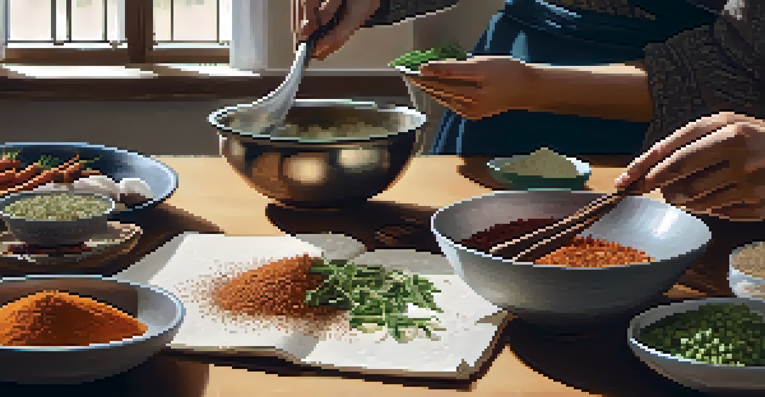 Hands preparing a traditional dish in a cooking class, with fresh ingredients and a recipe book, illuminated by soft natural light.