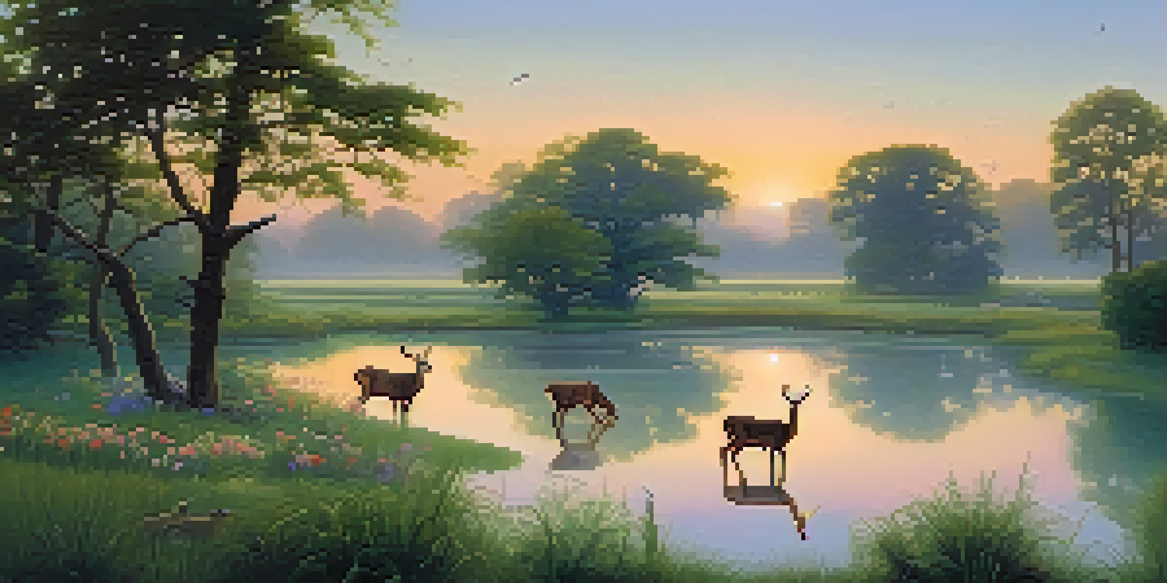 A peaceful wildlife sanctuary at dawn with deer grazing in a lush landscape and a misty pond reflecting the sunrise.
