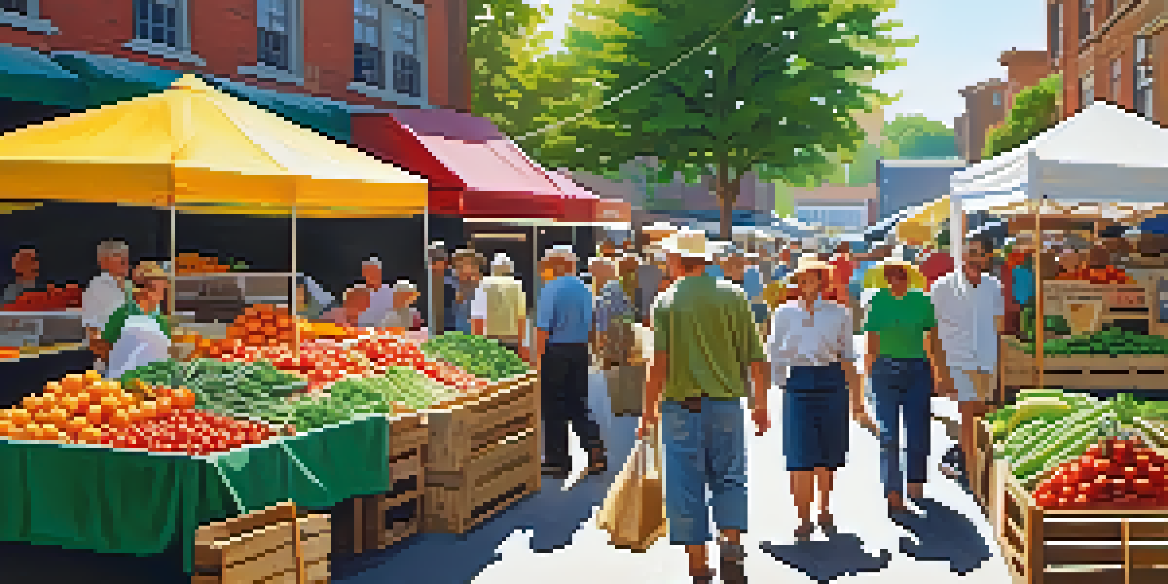 A lively farmers' market filled with colorful local produce and people chatting with farmers.