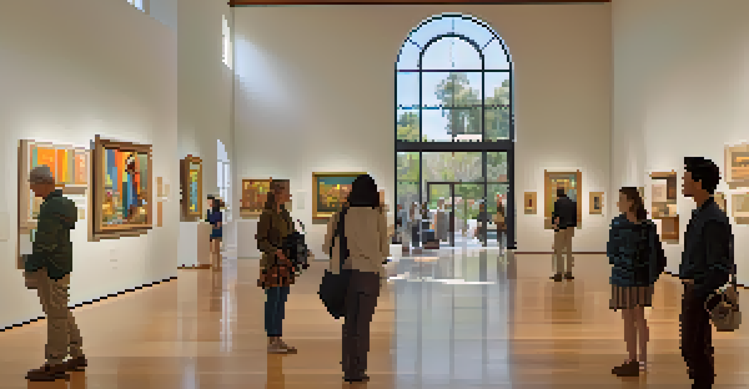 Visitors inside the Santa Barbara Museum of Art admiring multicultural artworks in a bright and open gallery setting.