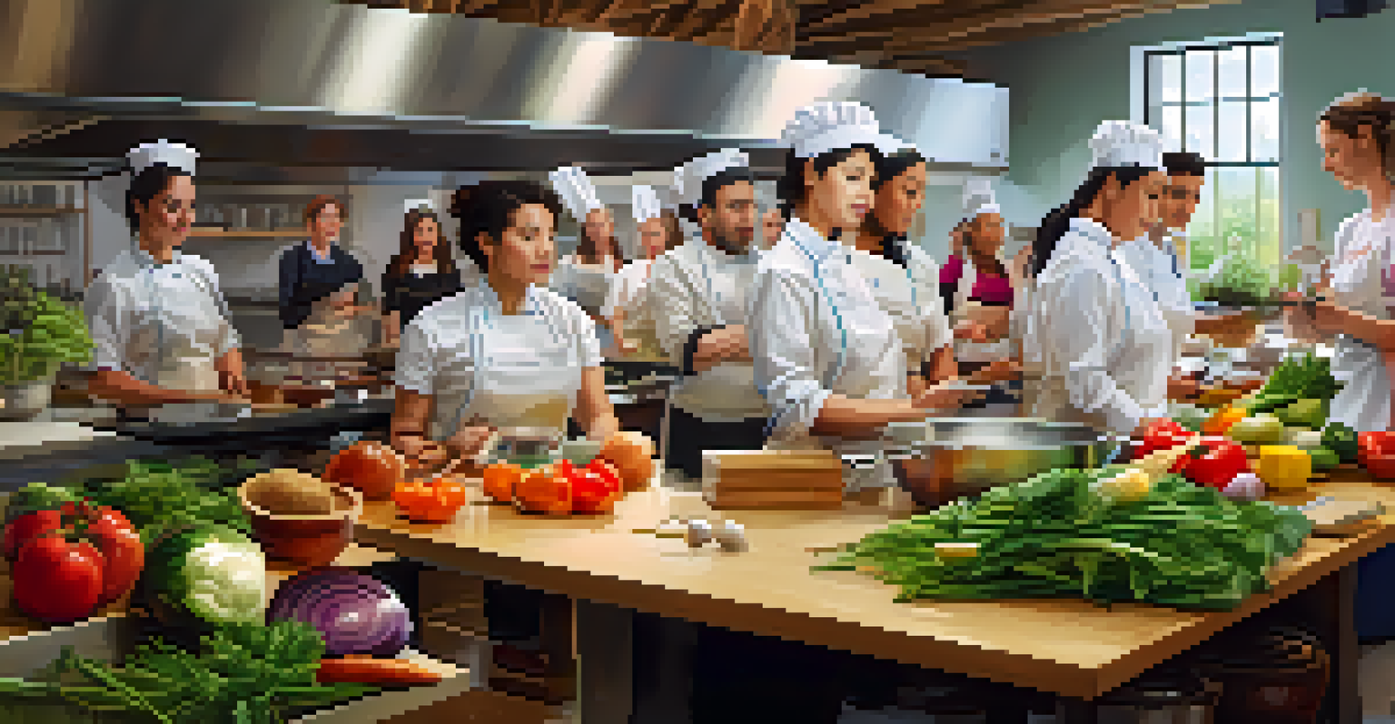 A cooking class with a chef demonstrating techniques, surrounded by participants in a spacious kitchen filled with fresh ingredients.