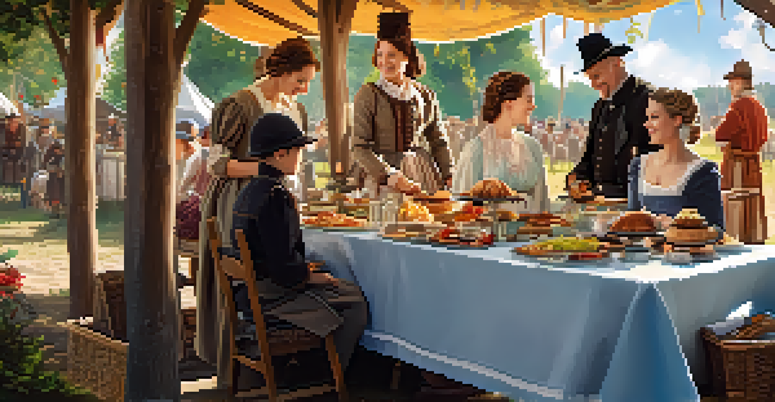 A family enjoying traditional dishes at a historical reenactment festival, surrounded by actors in period costumes and a festive atmosphere.