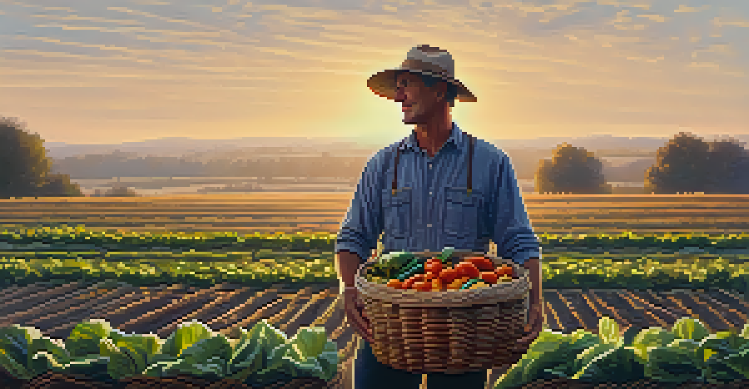 A farmer in a field holding a basket of vegetables, with crops growing in the background during sunset.