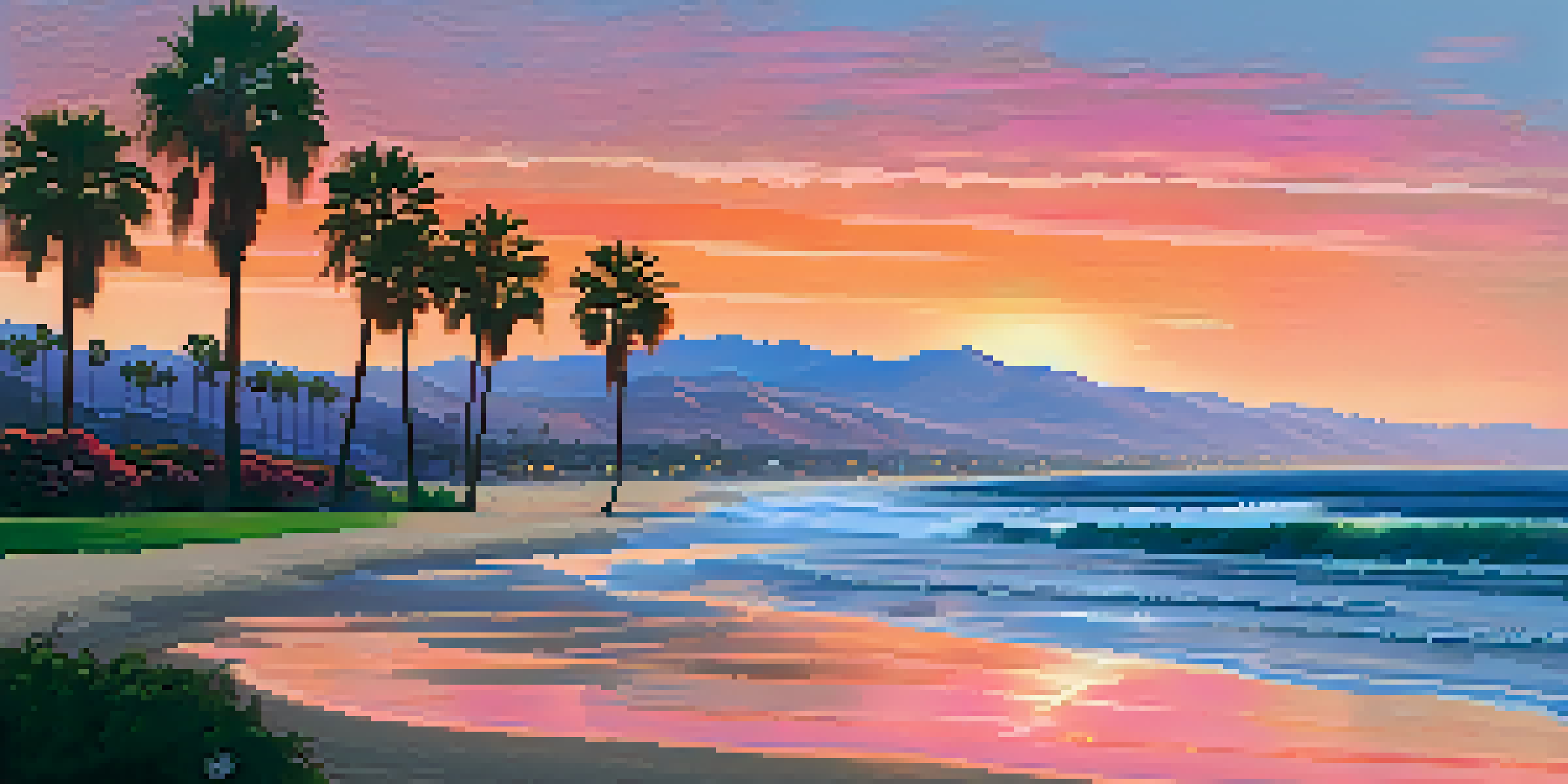 A picturesque sunset over the Santa Barbara coastline, featuring palm trees and distant mountains.