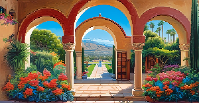 A panoramic view of a historical Spanish colonial fortress with adobe walls, surrounded by colorful gardens and under a clear blue sky.