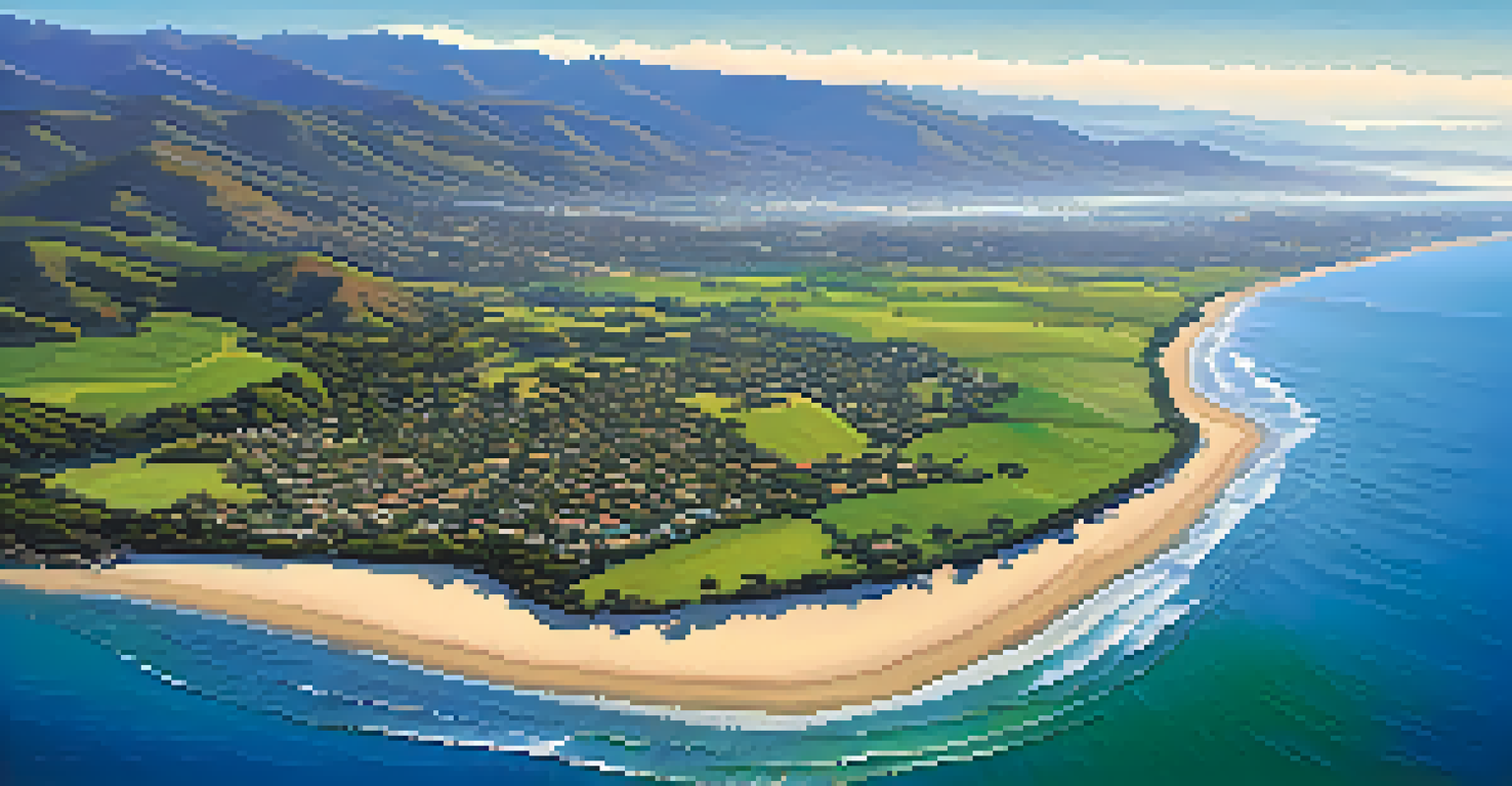 An aerial view of Santa Barbara's coastline with green landscapes, sandy beaches, and the Santa Ynez Mountains in the background, showcasing the natural beauty of the area.