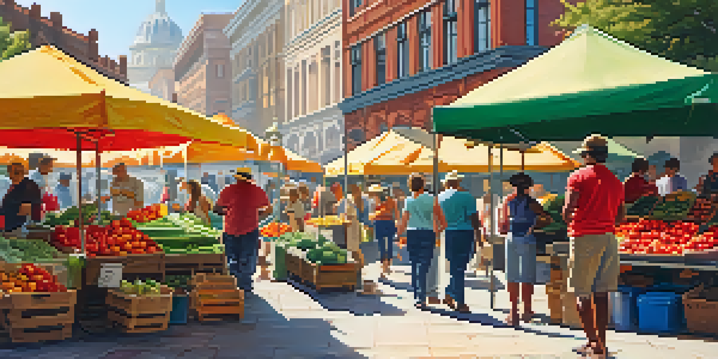A lively farmers' market with colorful produce and people chatting in a warm sunlight.