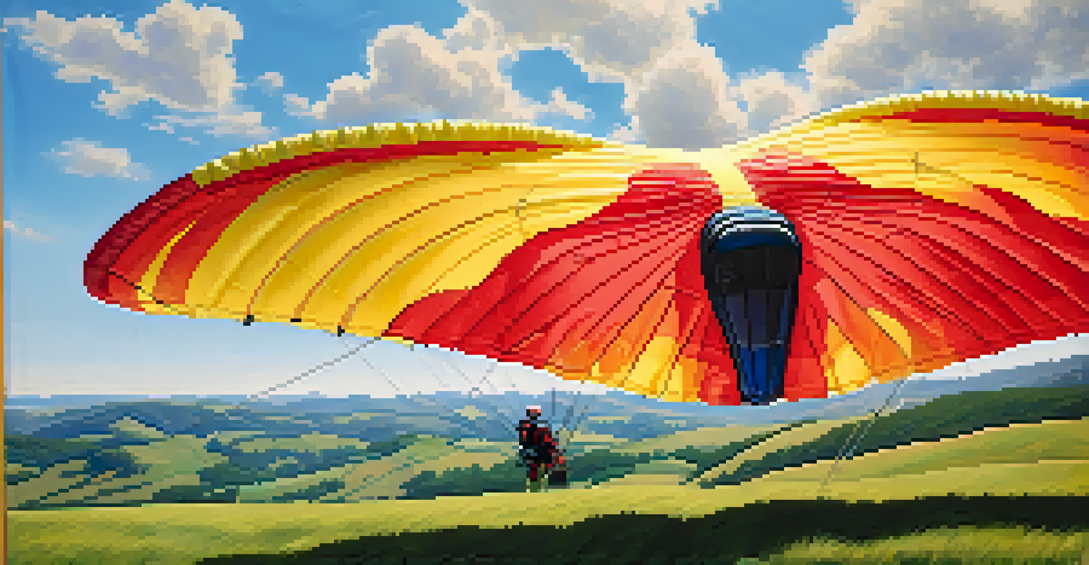 A close-up of a vibrant paraglider wing inflating at a grassy launch site with green hills and a clear blue sky in the background.
