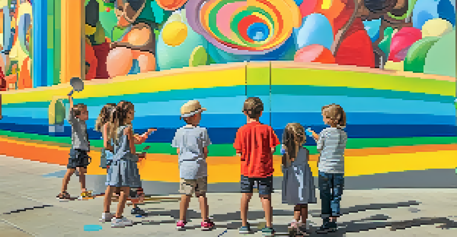 Children exploring a colorful mural and sculptures in Santa Barbara, taking photos and pointing at the whimsical art installation in a sunny urban setting.