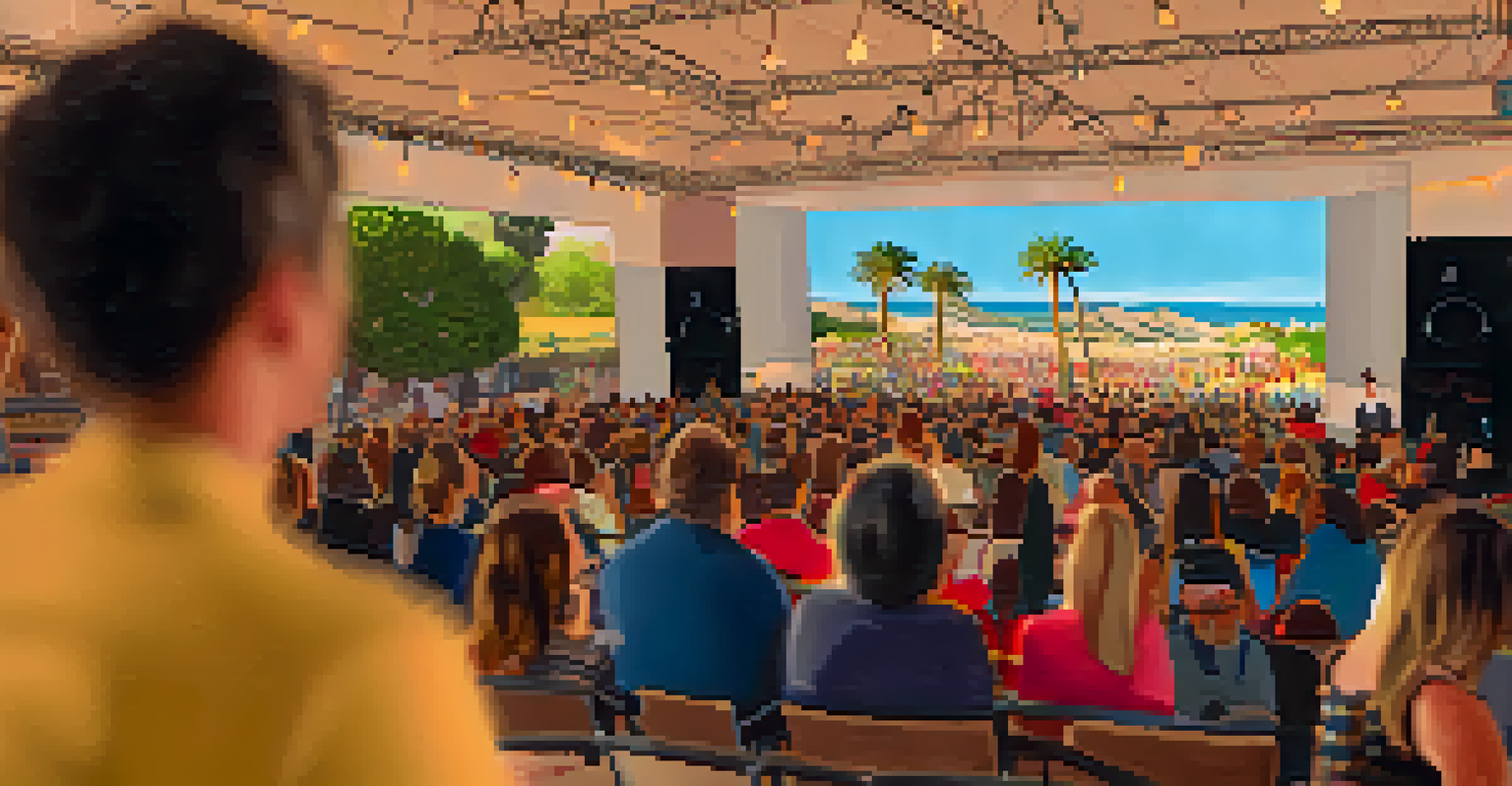 A local filmmaker presenting their film at a Santa Barbara festival, with an engaged audience and colorful banners surrounding the scene.