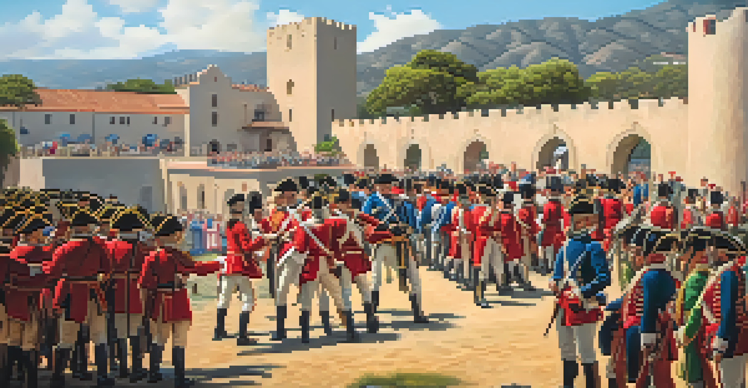 A reenactment scene at Santa Barbara Presidio with soldiers in 18th-century uniforms and visitors watching.