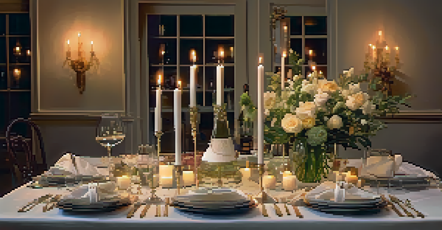 An elegantly set dinner table for a wine tasting event, decorated with fresh flowers, candles, and themed tableware, illuminated by gentle candlelight.