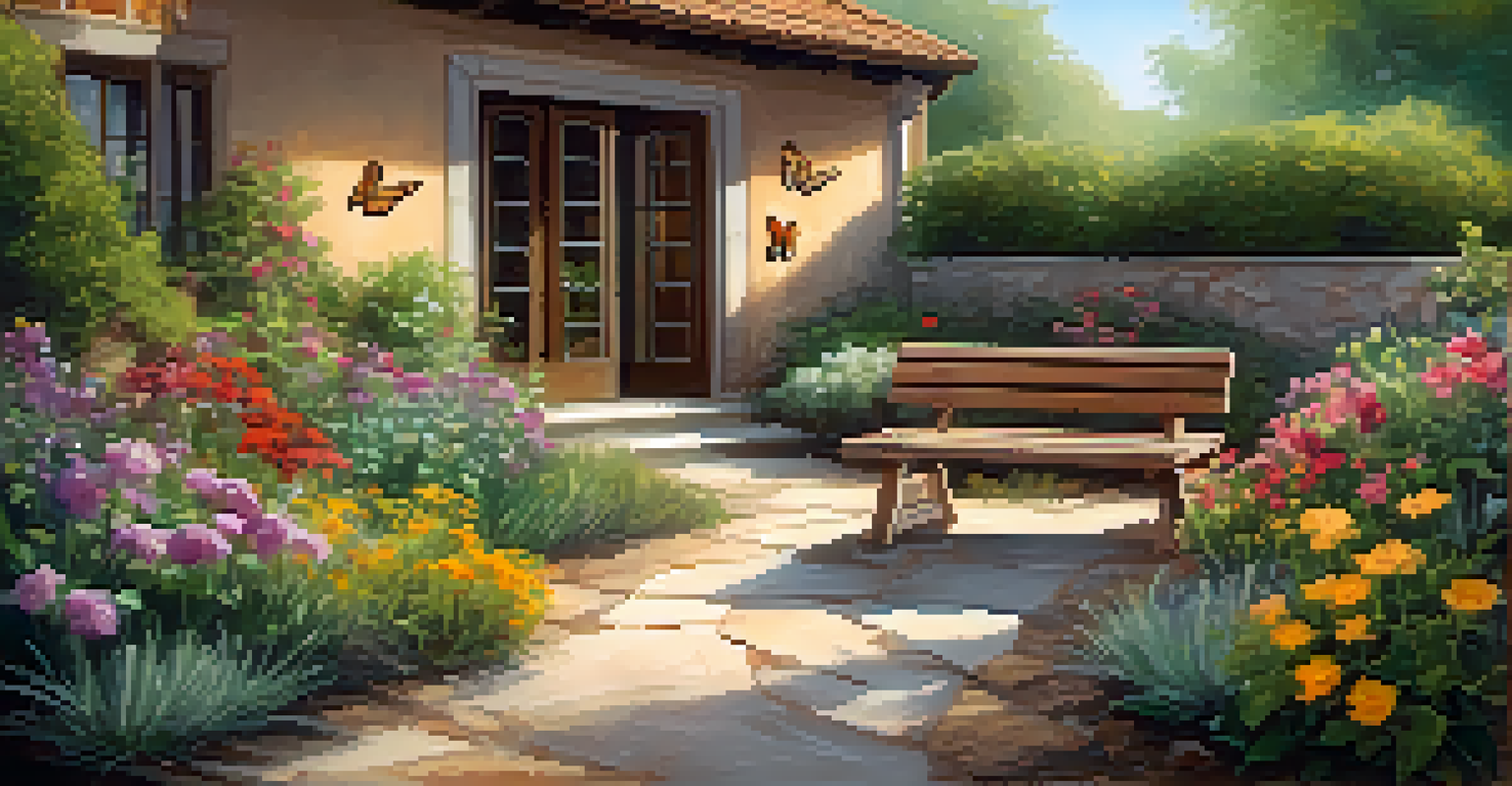 A rustic wooden bench in a drought-resistant garden, surrounded by flowering plants and a stone pathway, illuminated by soft morning light.