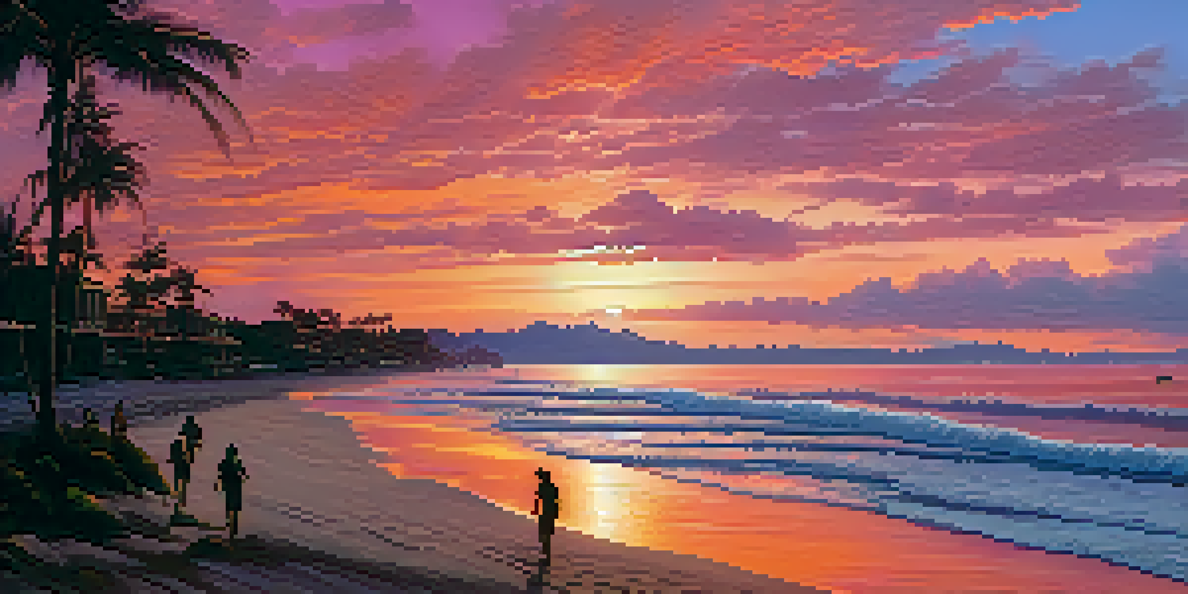 A beautiful sunset over the ocean with palm trees in the foreground and people on the beach.