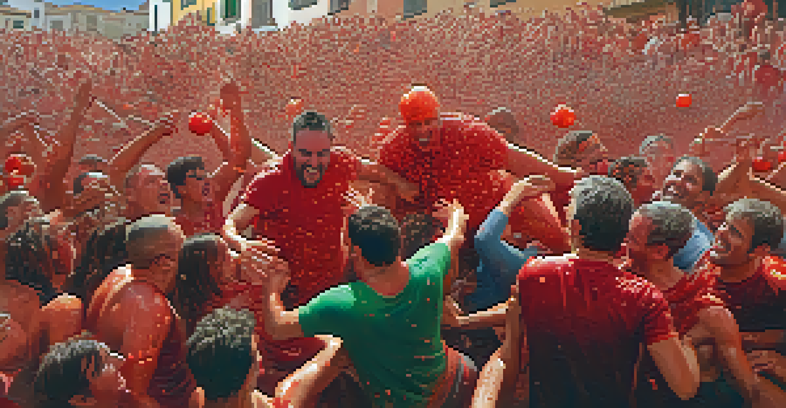 Participants engaged in a playful tomato fight during La Tomatina festival in Buñol, Spain.