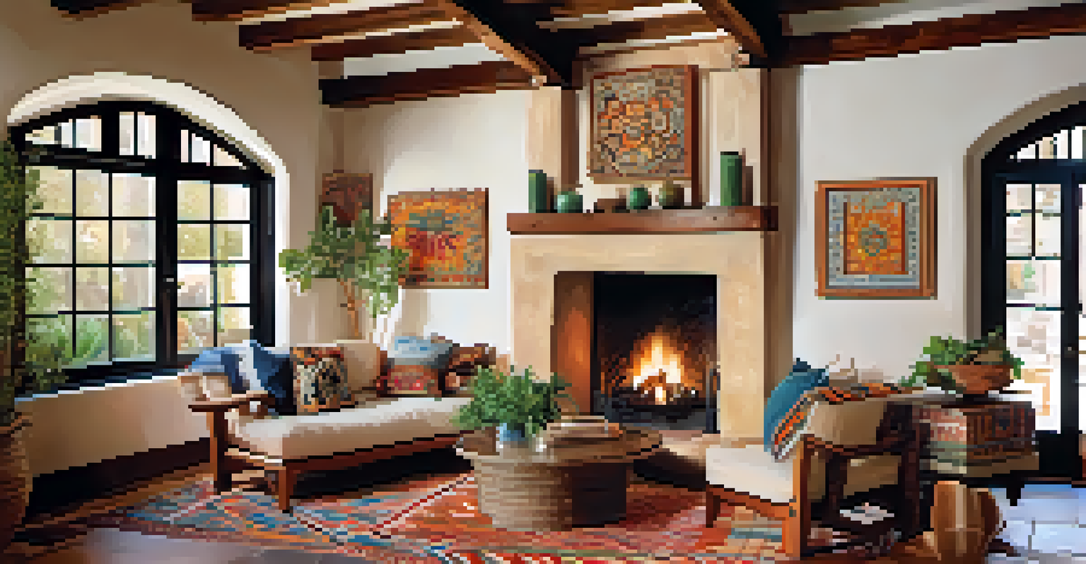 An inviting interior of a Spanish Colonial home with wooden beams, decorative tiles, and a fireplace.