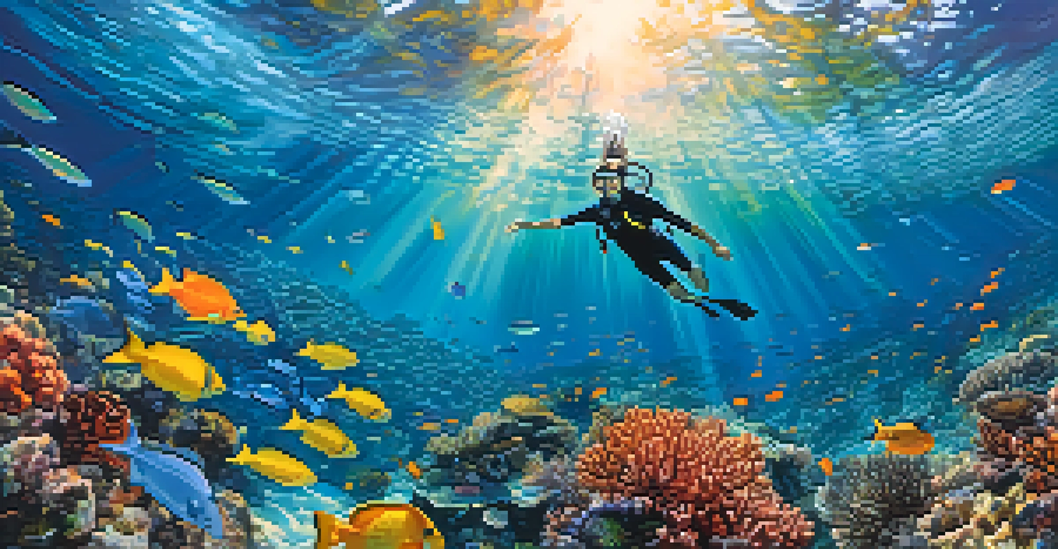 A snorkeler exploring a colorful coral reef under the water, surrounded by various fish and marine life.