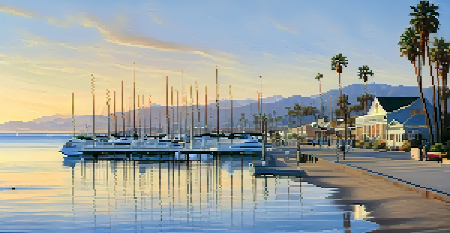 A serene sunset view of the Santa Barbara waterfront featuring Stearns Wharf, sailboats, and palm trees along the beach.