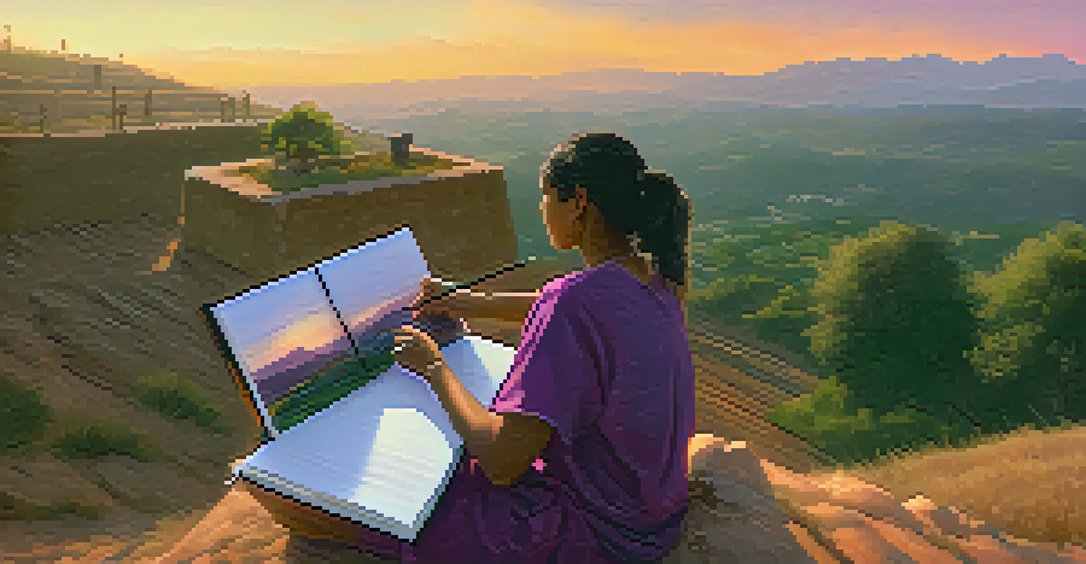 A person sketching a landscape from a hilltop, overlooking a village during sunset, with vibrant sky colors.