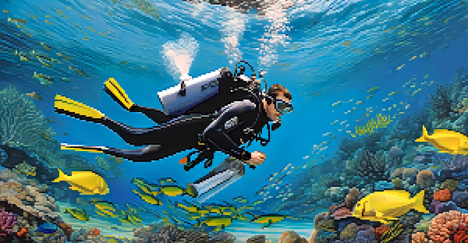 Scuba divers participating in a clean-up dive, collecting debris from the ocean floor.