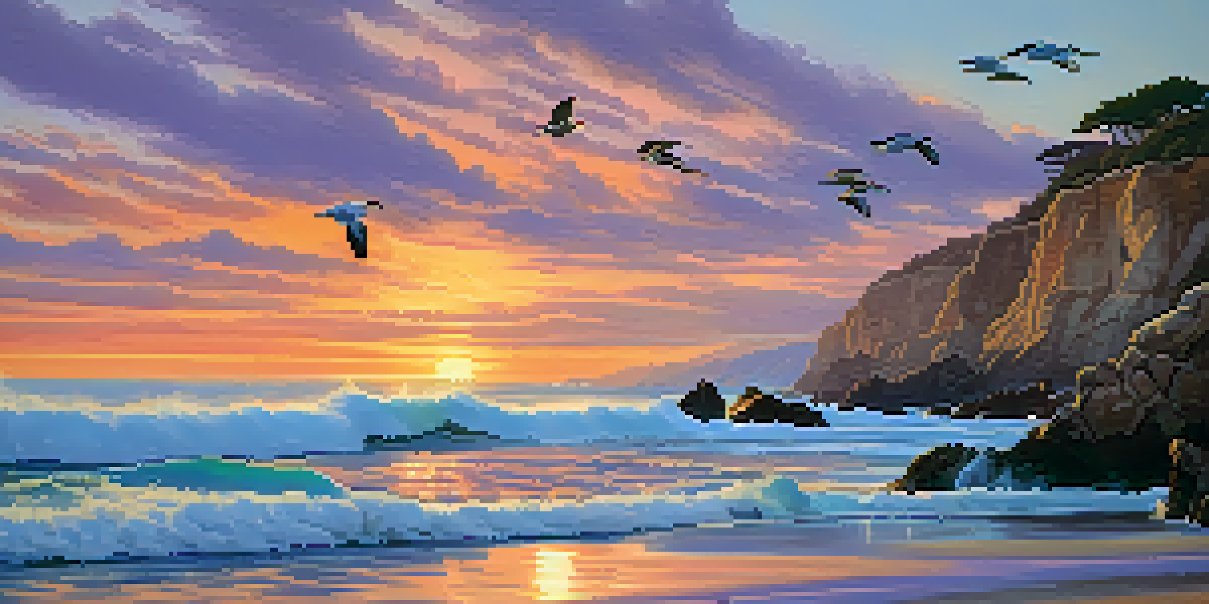 A picturesque coastal view at sunset with Western Gulls on rocky outcrops and colorful reflections on the water.