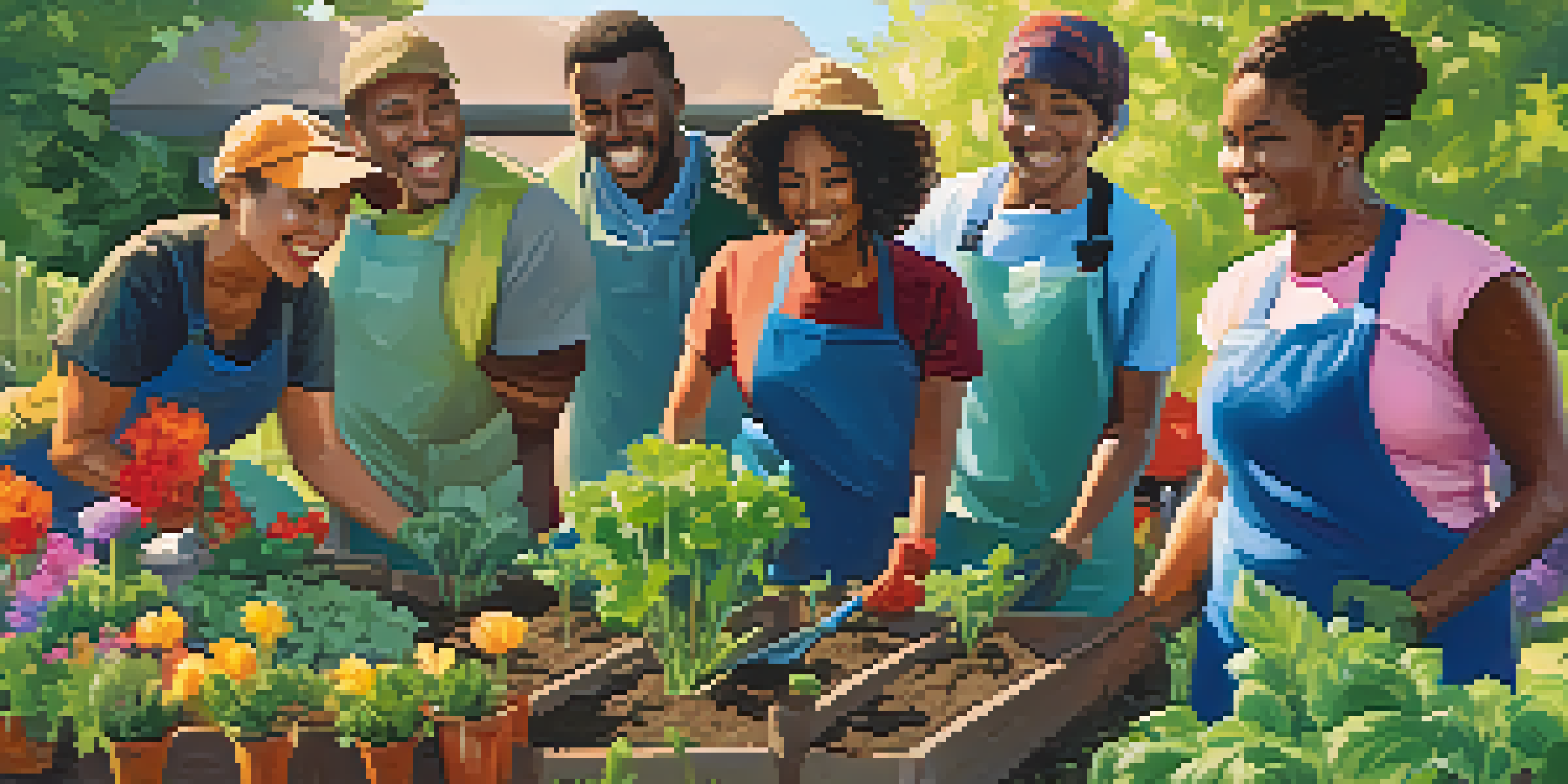 A diverse group of smiling volunteers planting flowers and vegetables in a sunny community garden.