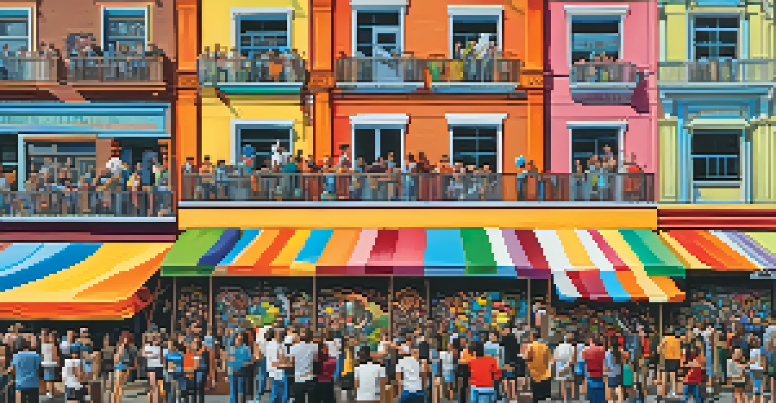 An urban street art festival with vibrant murals and artists painting in front of a crowd.