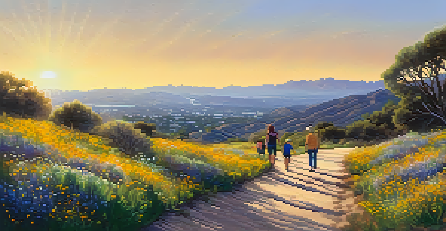A picturesque hiking trail with families walking together among blooming wildflowers during sunset.