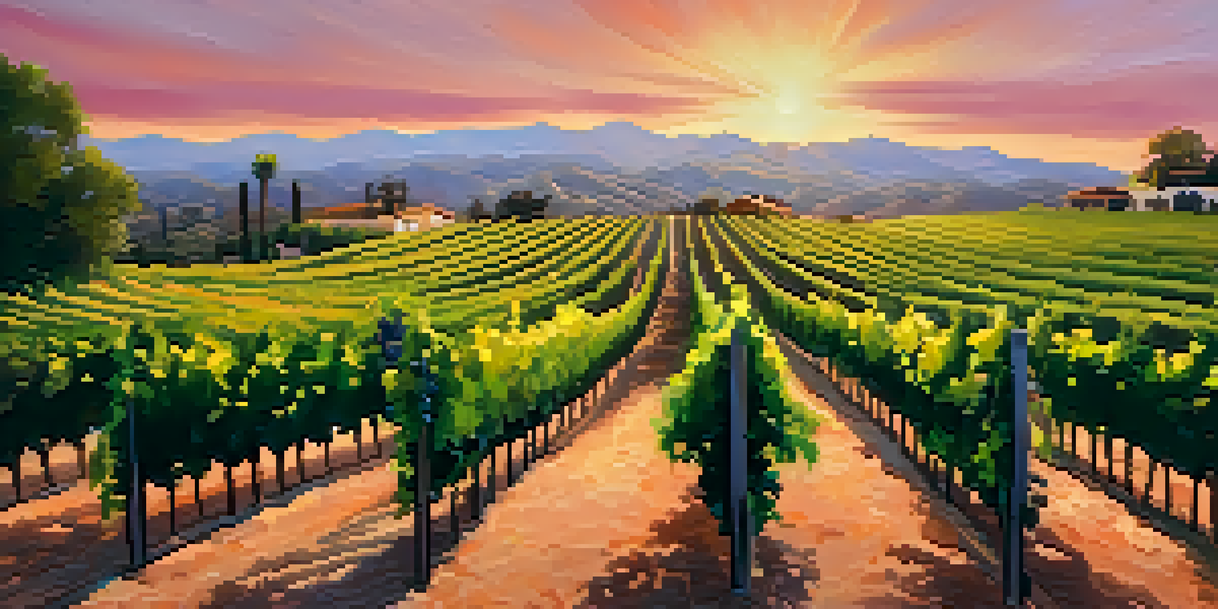 A scenic vineyard in Santa Barbara at sunset, with grapevines and a couple enjoying wine on a terrace.