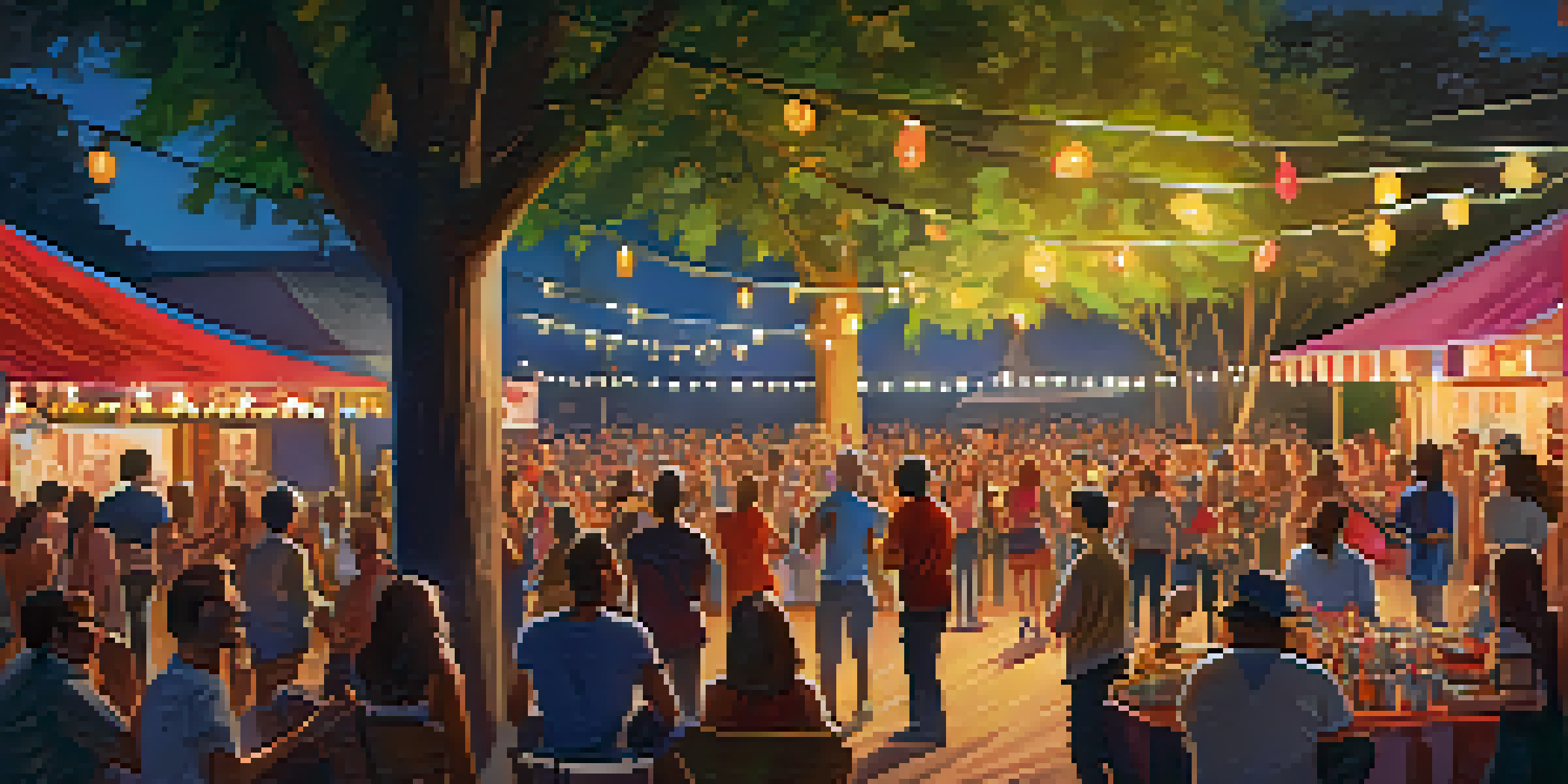A vibrant outdoor concert scene with a diverse audience enjoying live music under colorful lights.