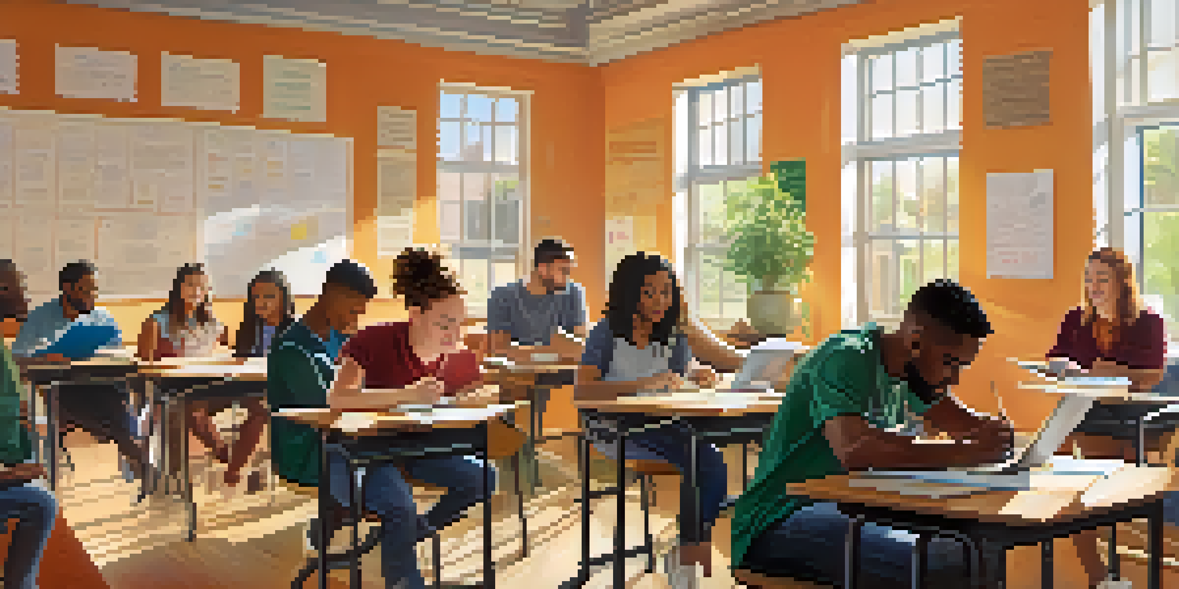 A diverse group of adult learners studying together in a bright classroom with natural light and collaborative activities.