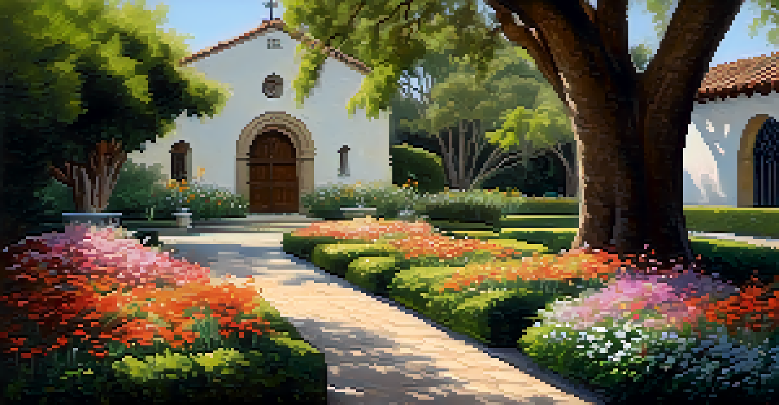A peaceful garden scene at Mission Santa Barbara with blooming flowers and a shaded pathway.