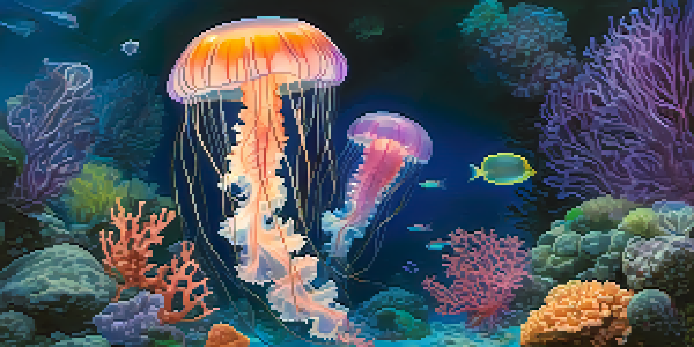 An underwater aquarium scene with colorful jellyfish illuminated in soft blue and purple lighting, surrounded by coral formations.