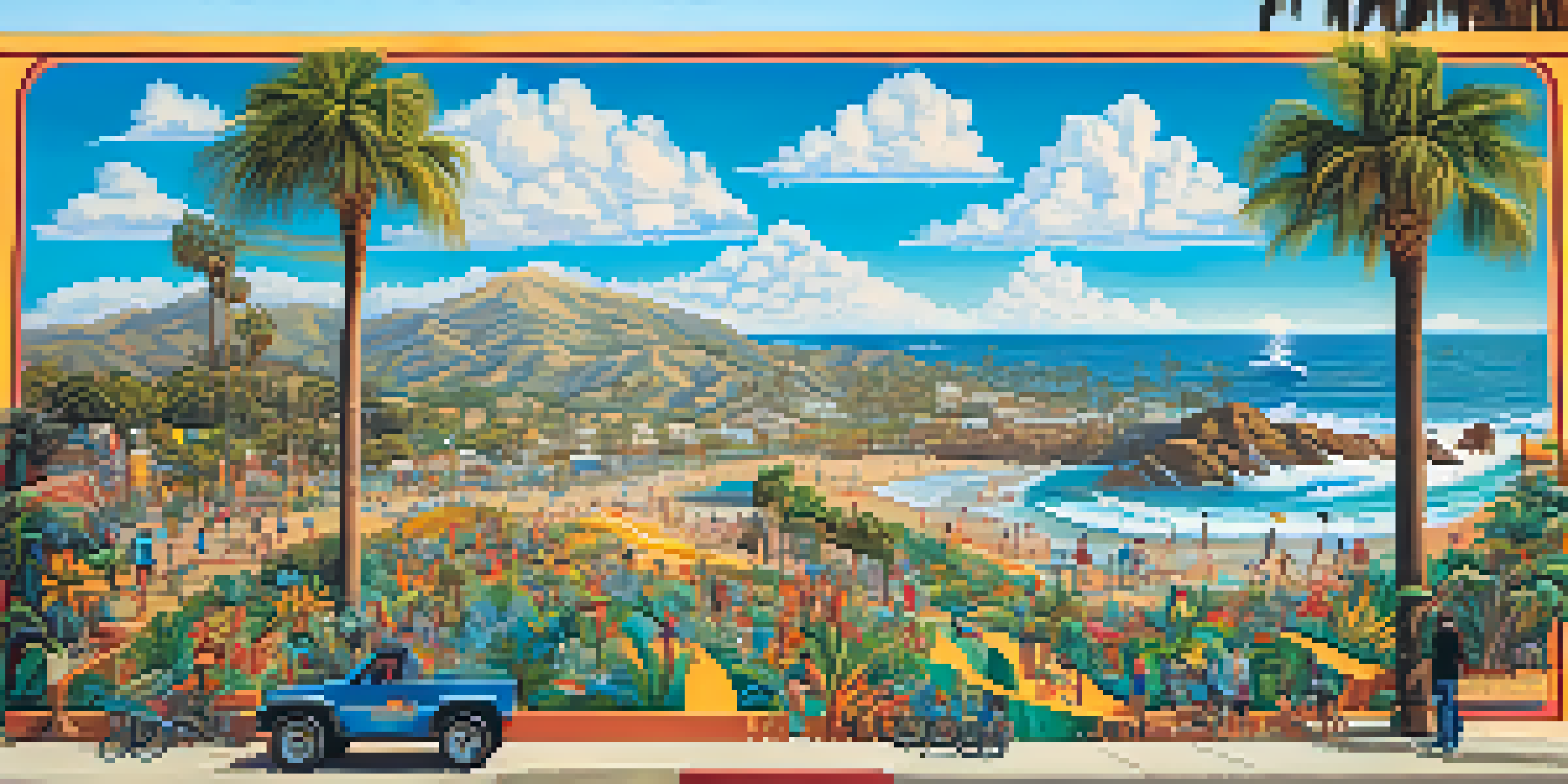 A colorful mural in Santa Barbara showcasing waves, palm trees, and local wildlife, with diverse people admiring it.