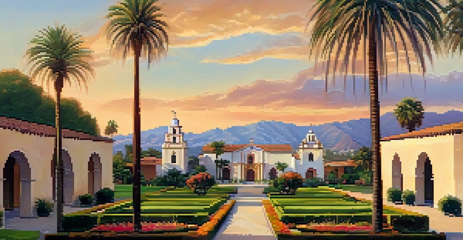 An aerial view of the Old Mission Santa Barbara with gardens and distant mountains at sunset.
