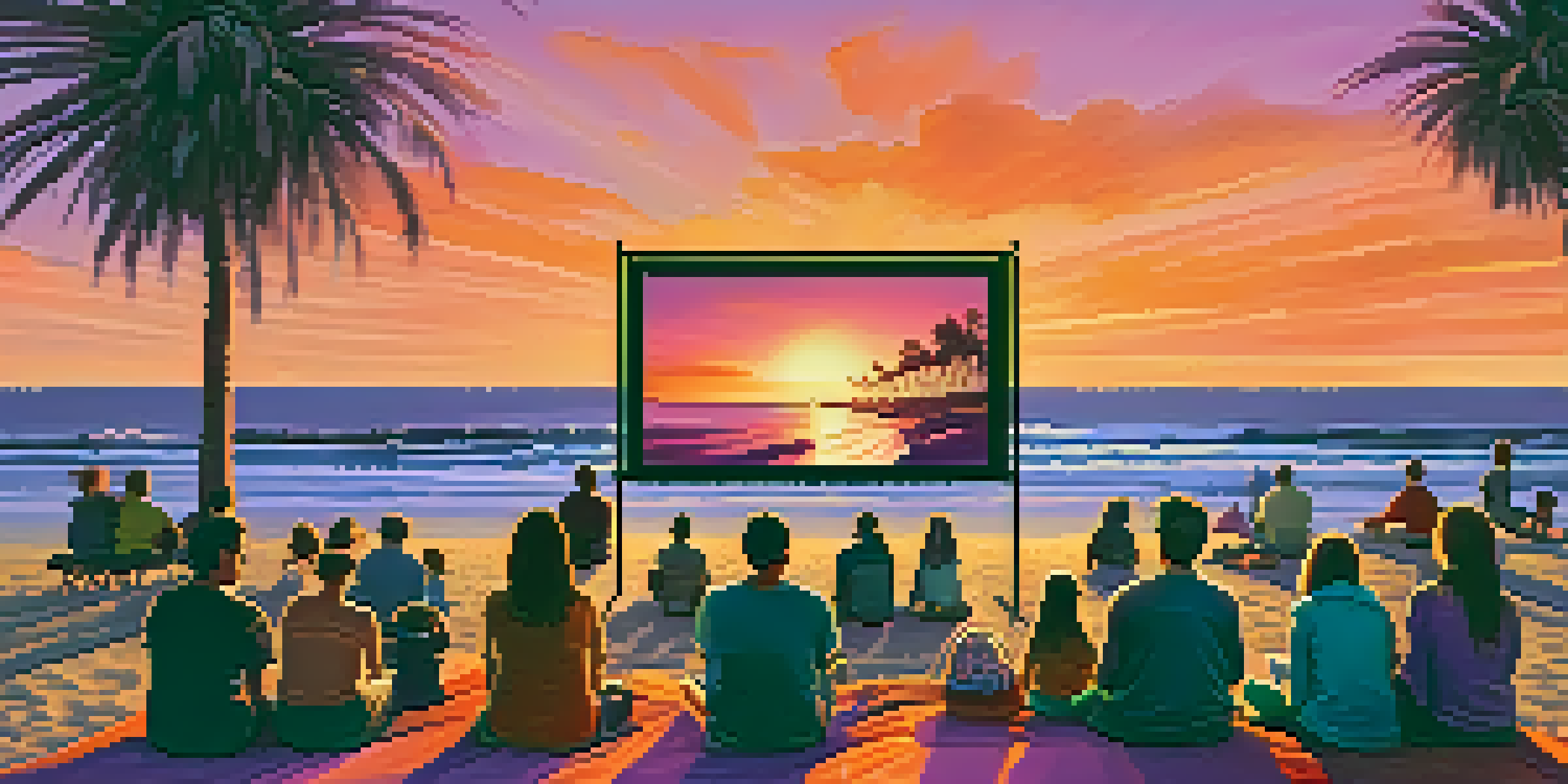 An outdoor film screening at a beach in Santa Barbara, showcasing families enjoying a movie under a colorful sunset sky.