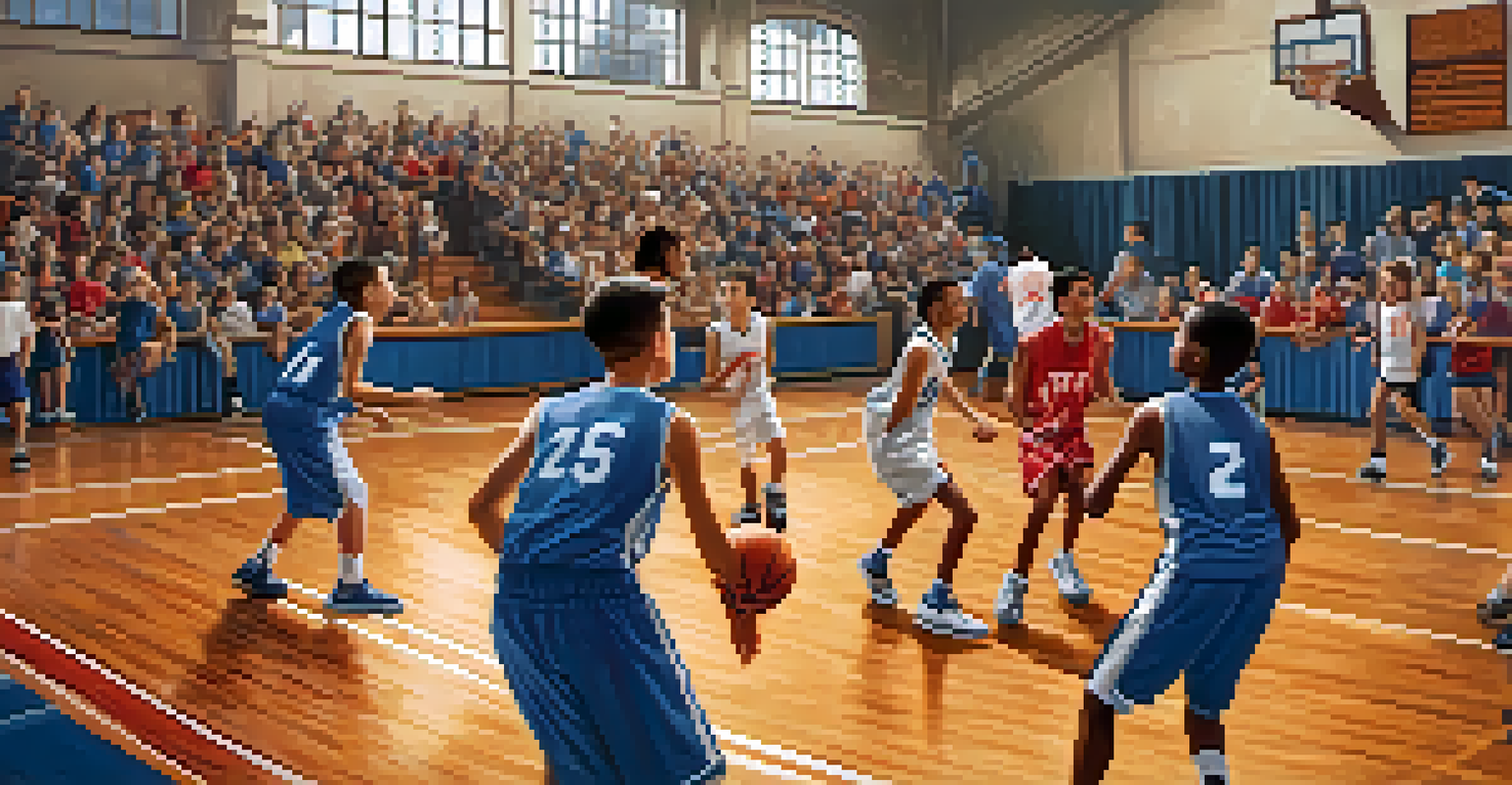 A youth basketball game in a gymnasium with players in action and an enthusiastic audience cheering them on.